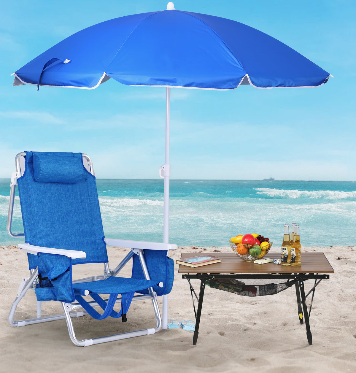 Nice C beach chair and table by the ocean
